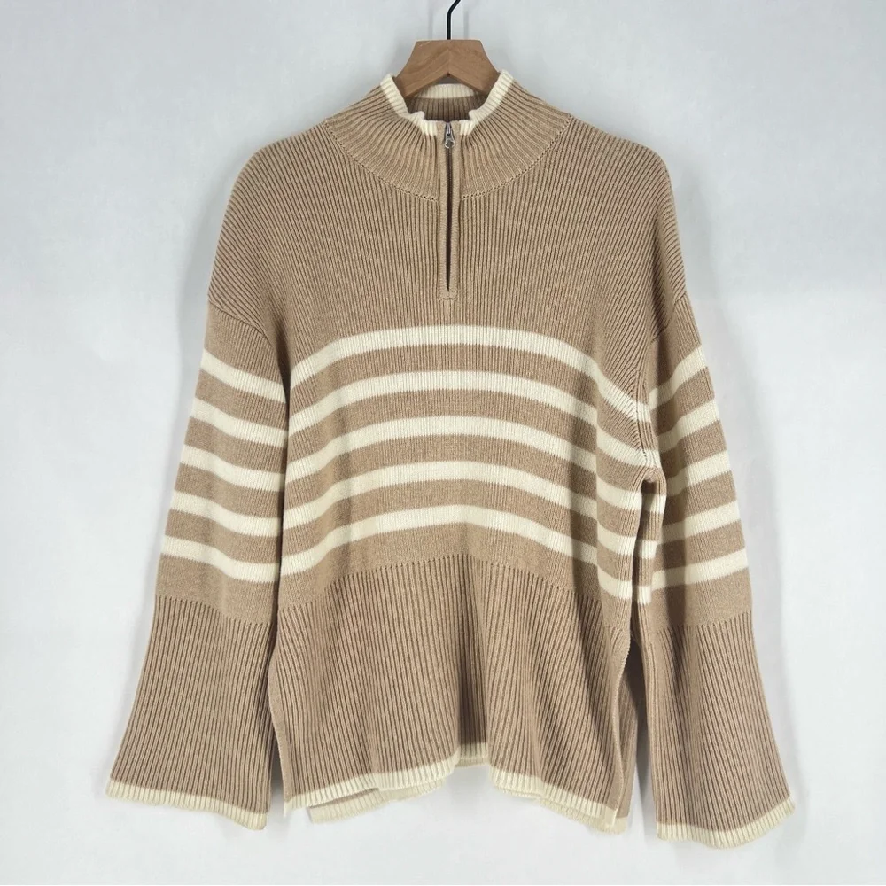 Rails Tessa‎ Sweater Merino Wool Sand Striped Quarter Zip Mock Neck Sweater L